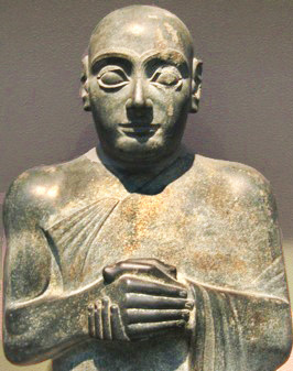 Gudea, king of Lagash, dressed in the simple robes of an advocate of god, his hands folded in humility