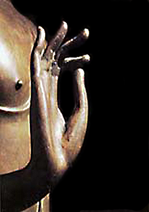 The gesture called the Vitarka Mudra, expressing the mindful force of the teaching