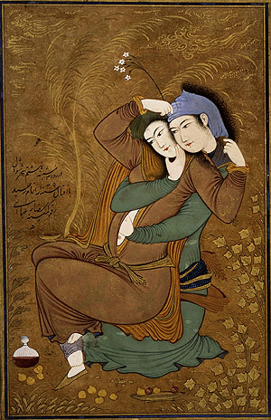 A Persian painting by Riza 'Abbasi of Layla and her lover Majnoon: 'I pass by these walls, the walls of Layla and I kiss this wall and that wall